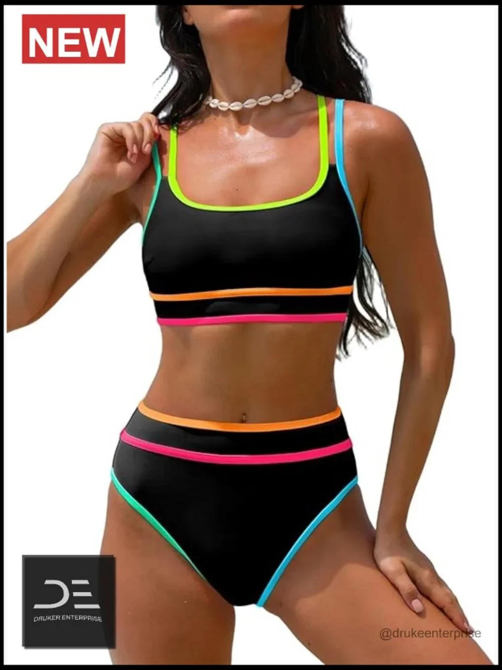 High Waisted Bikini Sets Neon Two Piece Swimsuit Sporty Adjustable Straps
